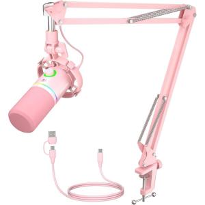 imageMAONO XLRUSB Dynamic Microphone Kit RGB Gaming Mic with Software Mute Gain Knob Volume Control Boom Arm for Streaming Podcasting VoiceOver RecordingPD200XS PinkPD200XS Pink